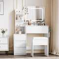 Vanity Desk With Mirror and LED Lights, 36-Inch Makeup Vanity Desk, Power Outlet, USB Ports, Stool, 3 Color Adjustable Light, Dressing Table With 4 Drawers, Storage Shelves for Bedroom, Women (White)