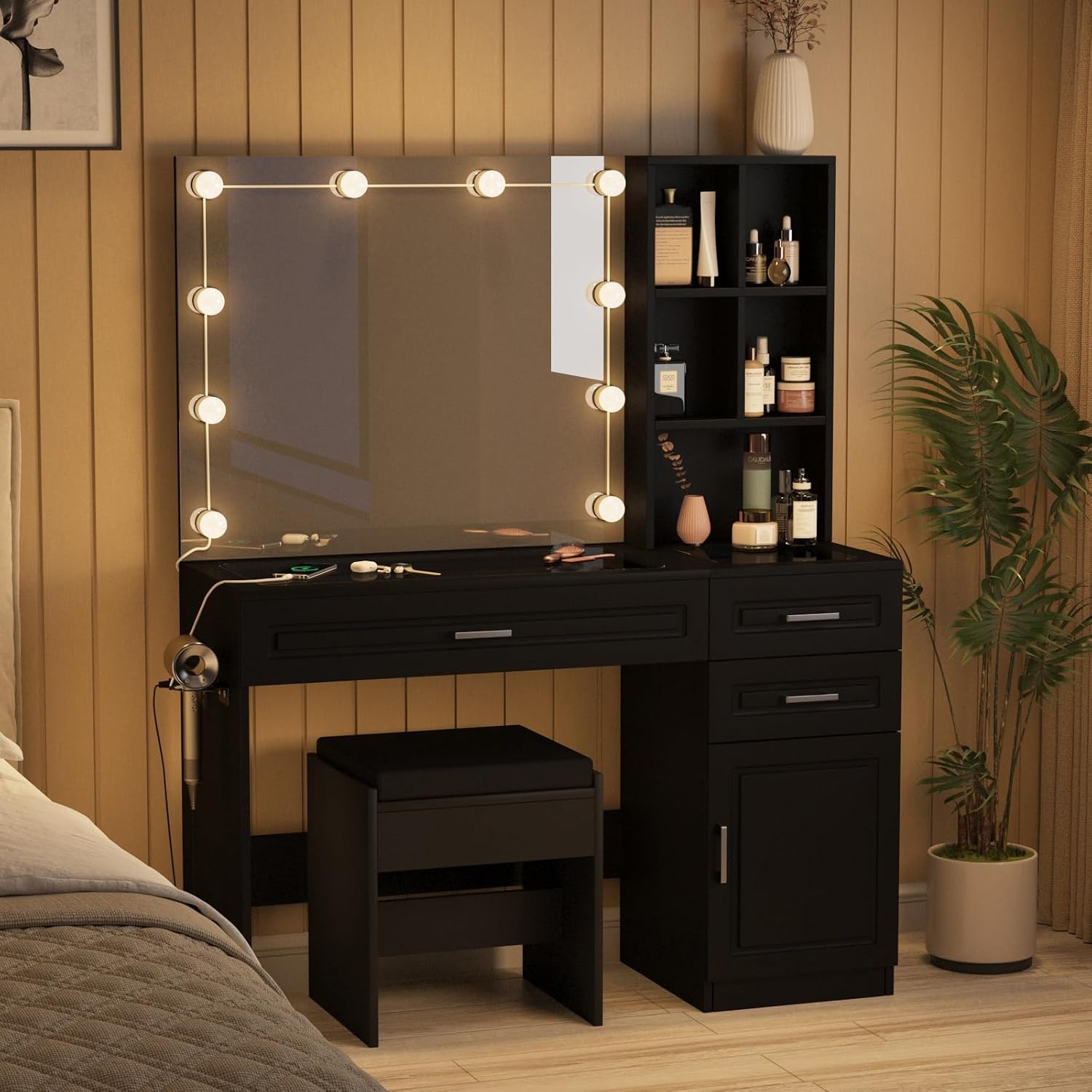 Fameill Vanity Desk with Lighted Mirror & Power Strip,Large Vanity Table with Glass top and Lots Storage,3 Drawer Makeup Desk with Hair Dryer Stand,3 Lighting Modes,Black