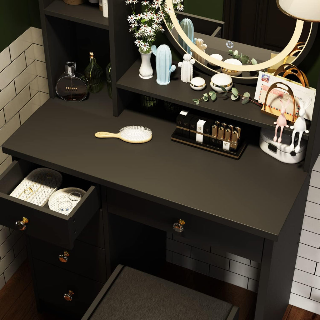 AGOTENI Makeup Vanity Set Dresser Desk with 5 Drawer and Shelf Round Mirror with Touch Screen and Light Vanity Set with Cushioned Stool for Bedroom, Black