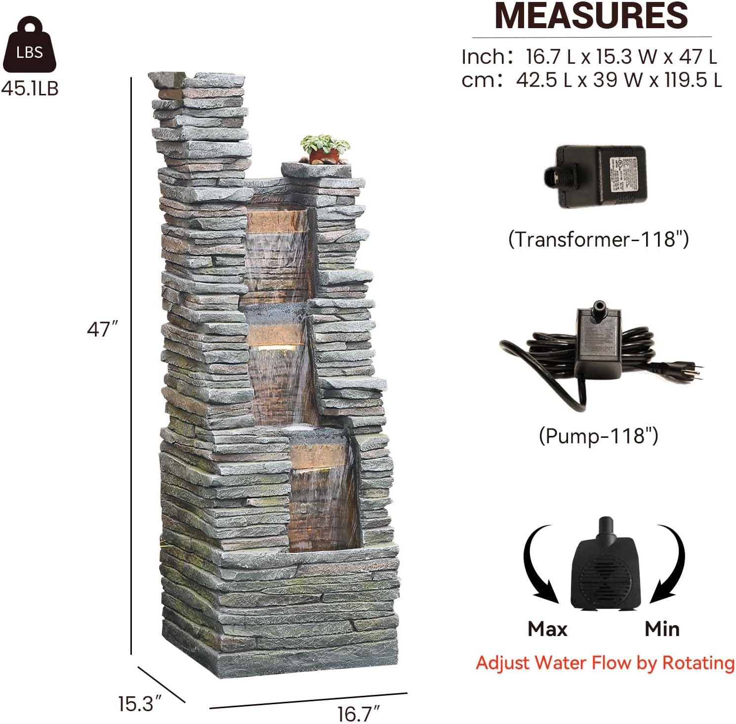 Bumilgar 47' H Garden Water Fountain Outdoor with LED Lights & Pump, 3-Tier Cascading Outdoor Fountain for Garden,Patio,Porch,Backyard,Home Art Decor (Gray)
