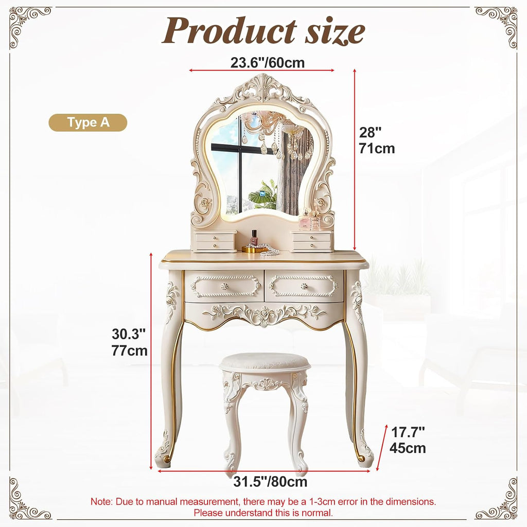 Mid Century Vanity Table with Mirror and Stool, Makeup Vanity Desk with Lights and Drawers for Jewelry & Cosmetics, Vintage European Vanities & Vanity Benches for Bedroom,Widths: 31.5'
