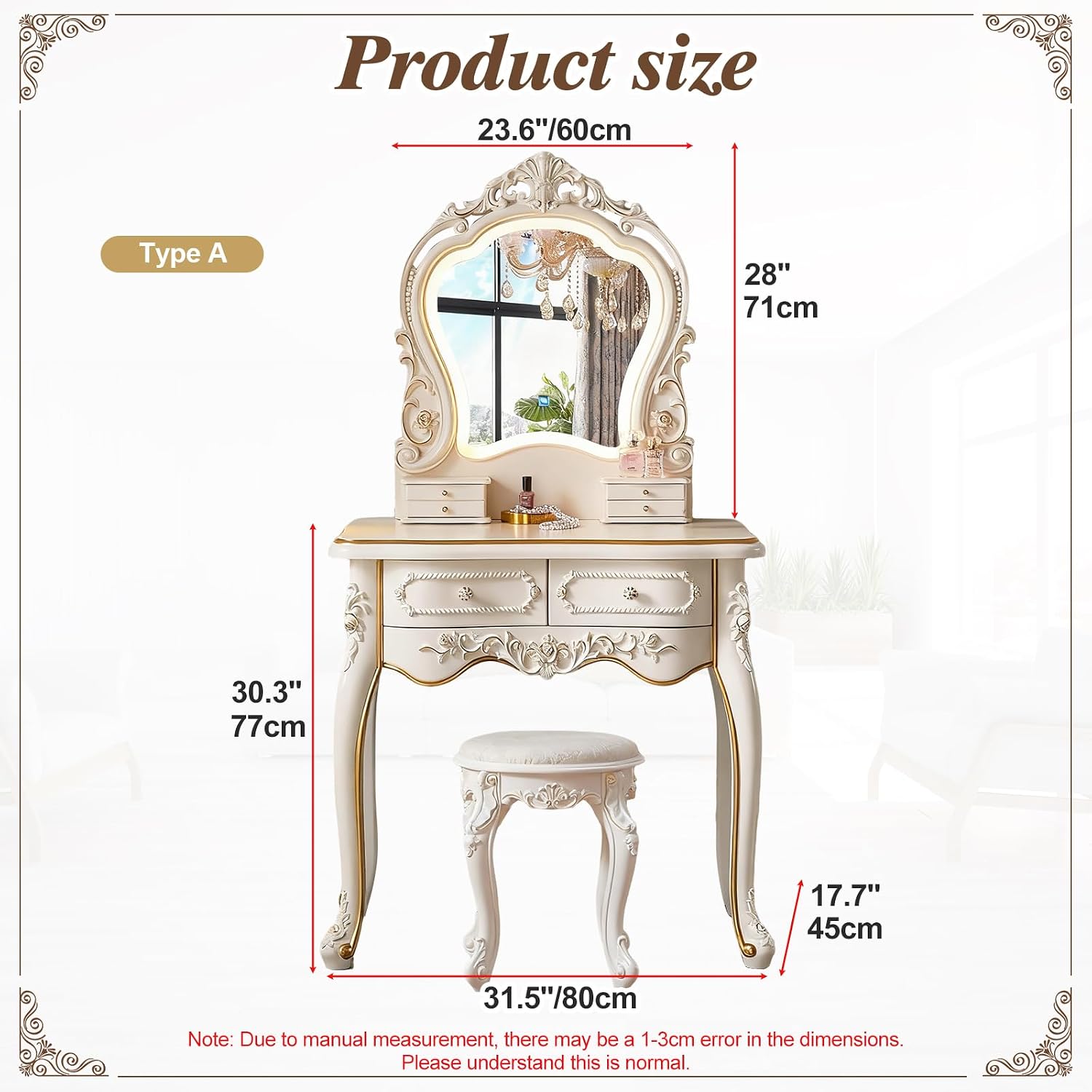 Mid Century Vanity Table with Mirror and Stool, Makeup Vanity Desk with Lights and Drawers for Jewelry & Cosmetics, Vintage European Vanities & Vanity Benches for Bedroom,Widths: 31.5'