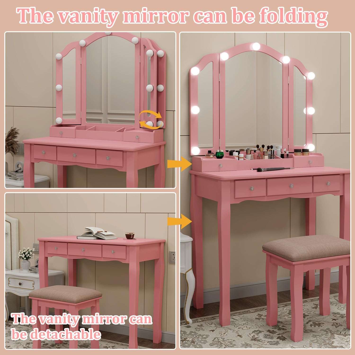 Pink Vanity Desk With Mirror And Lights For Girls Makeup Vanity Desk With Chair Vanity Table And Stool Set With 5 Storage Drawers 3 Colors Lighting Modes Tri Fold Vanity Mirror Lighted Vanity
