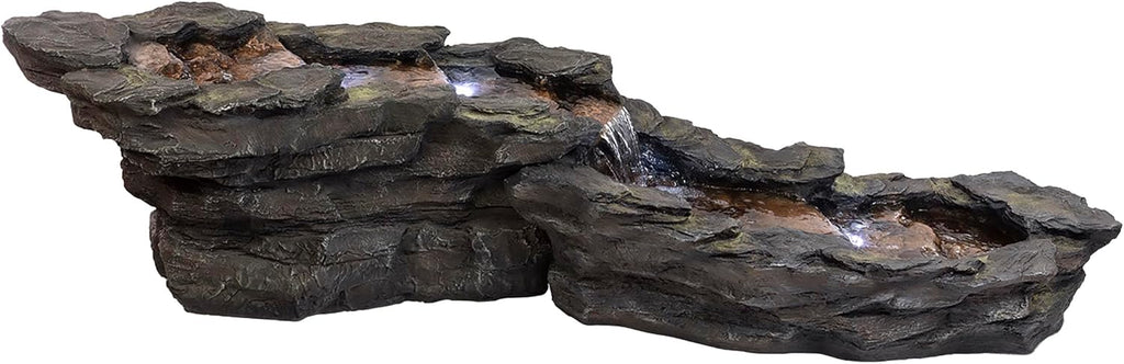 Alpine Corporation TZL240 | 76'L Outdoor Tiered Rocky River Stream Water Fountain — Color-Changing LED Lights for Patio, Yard & Backyard Décor — Brown Finish