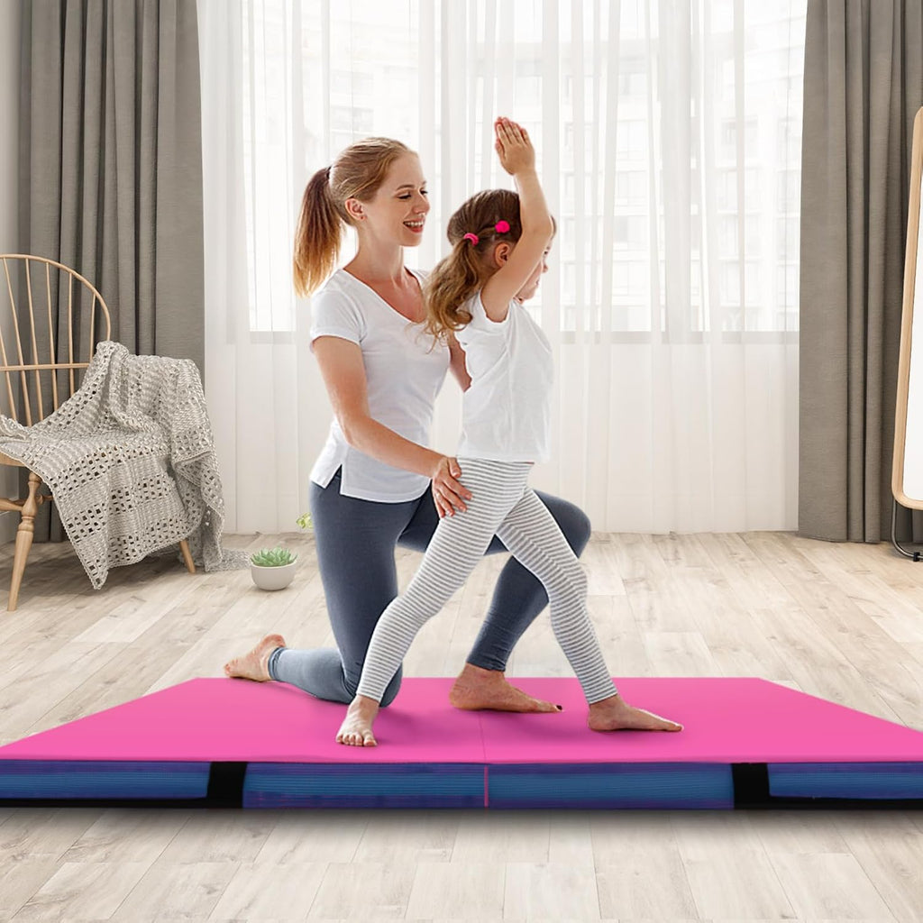 Goplus 4' Thick Folding Gymnastic Mat, Thickened Bi-Fold Fitness Mat with Carrying Handles & PU Leather Cover, Home Gym Tumbling Mat for Stretching, Pilates, Aerobics Workouts