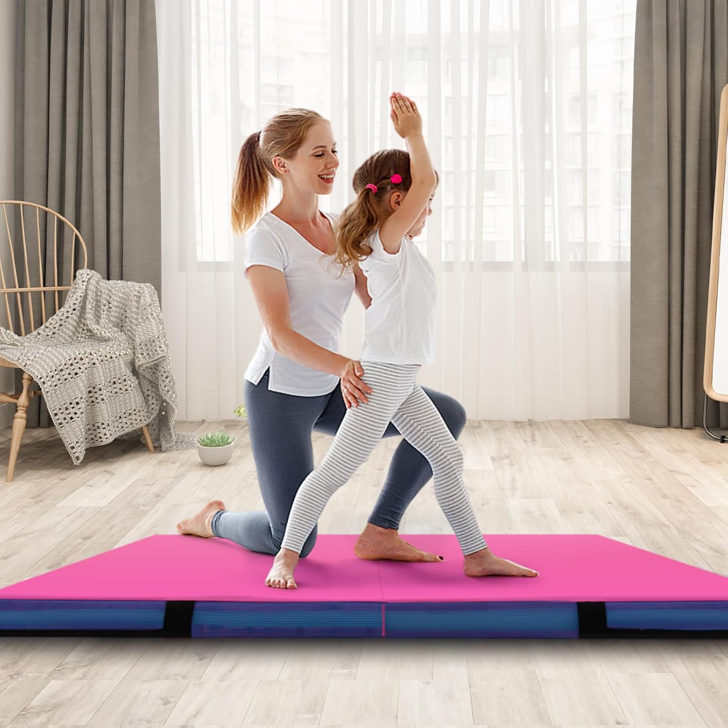 Goplus 4' Thick Folding Gymnastic Mat, Thickened Bi-Fold Fitness Mat with Carrying Handles & PU Leather Cover, Home Gym Tumbling Mat for Stretching, Pilates, Aerobics Workouts