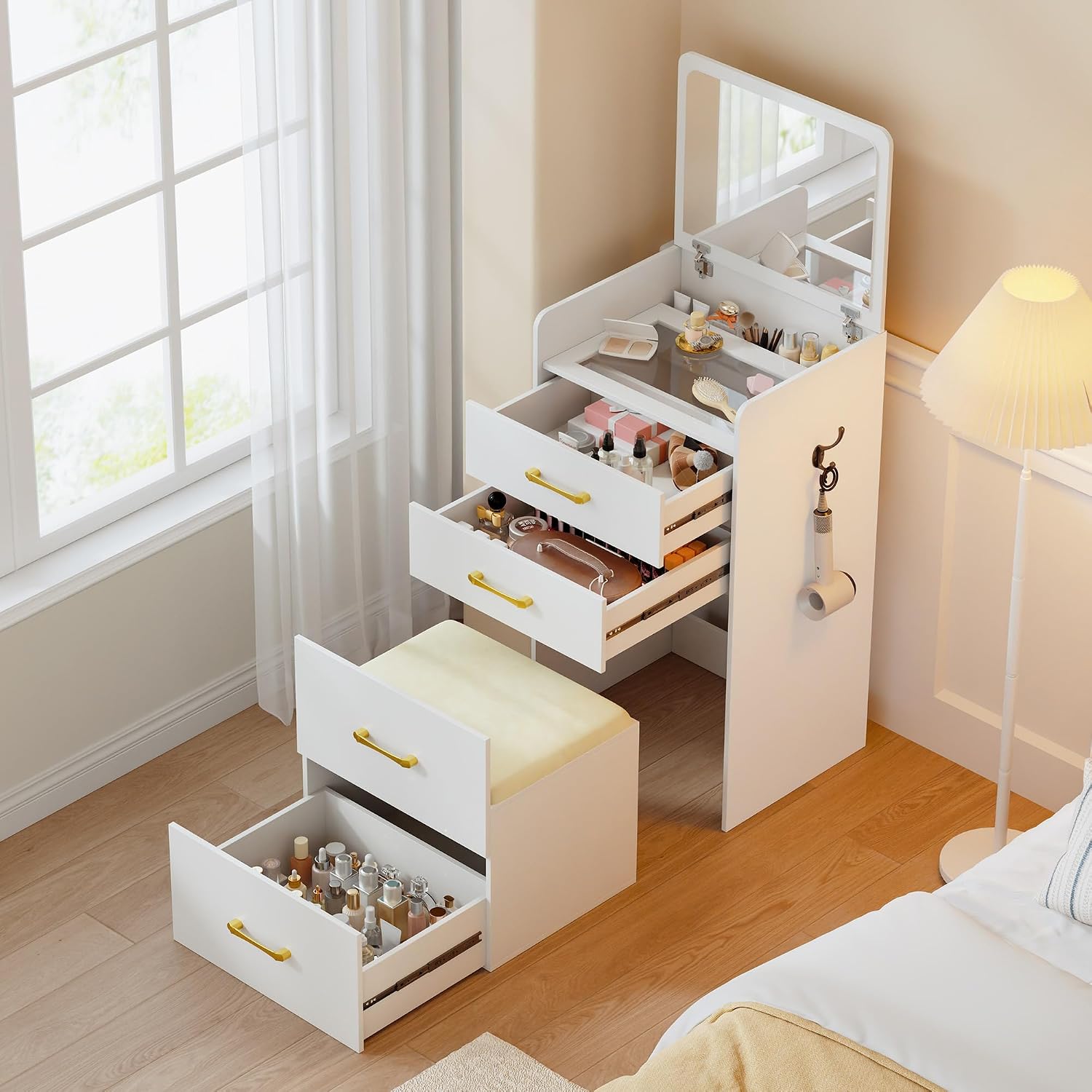Lvifur 3-in-1 Vanity Desk with Flip Top Mirror, Makeup Vanity Table with Cushioned Stool for Small Space, Compact Dressing Table, Vanity Set for Bedroom