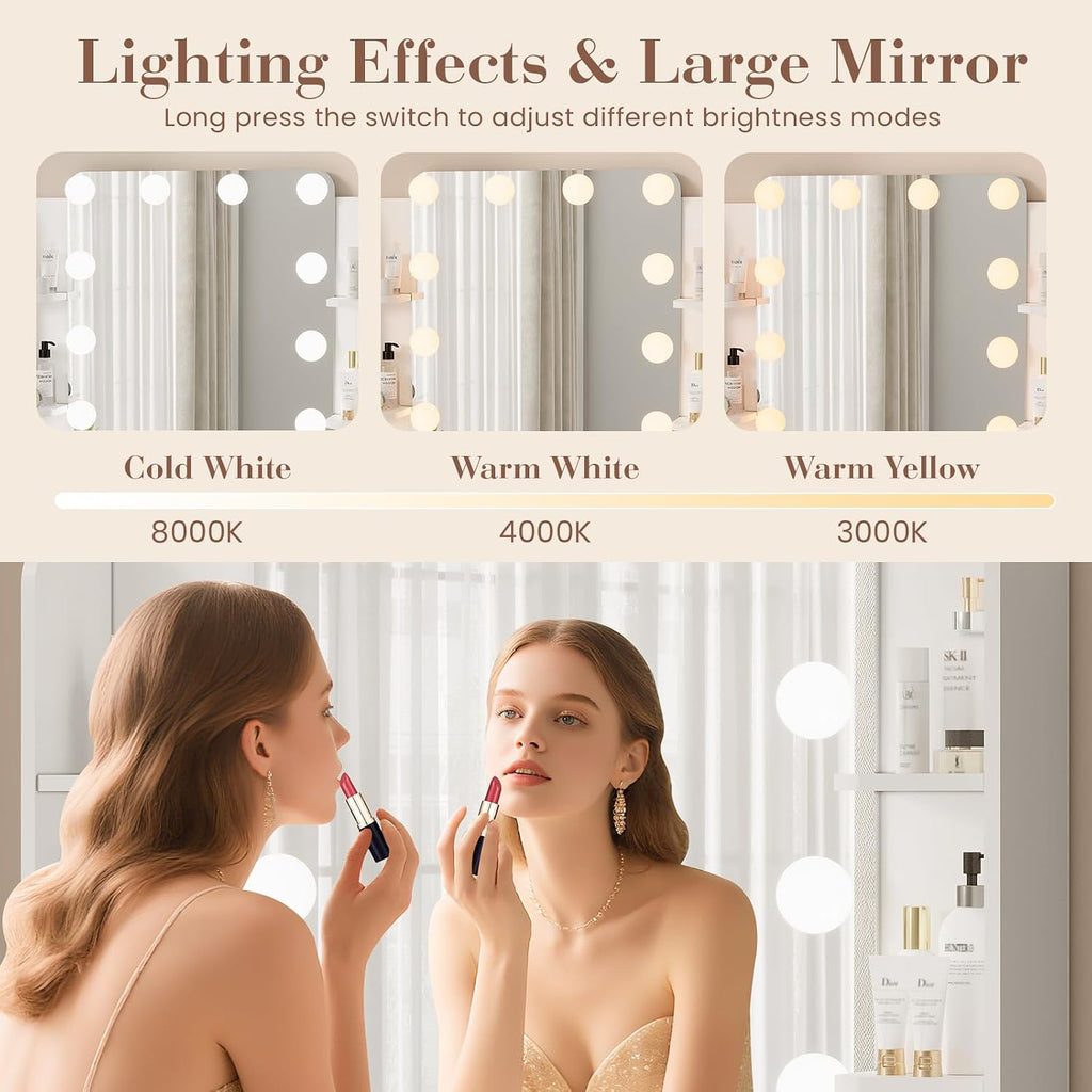 IDEALHOUSE Makeup Vanity Desk with Mirror and 12 LED Lights, White Vanity Table with Power Outlet, 2 Drawers, 6 Shelves, Hair Dryer Holder & Stool, Modern Dressing Table Furniture for Bedroom