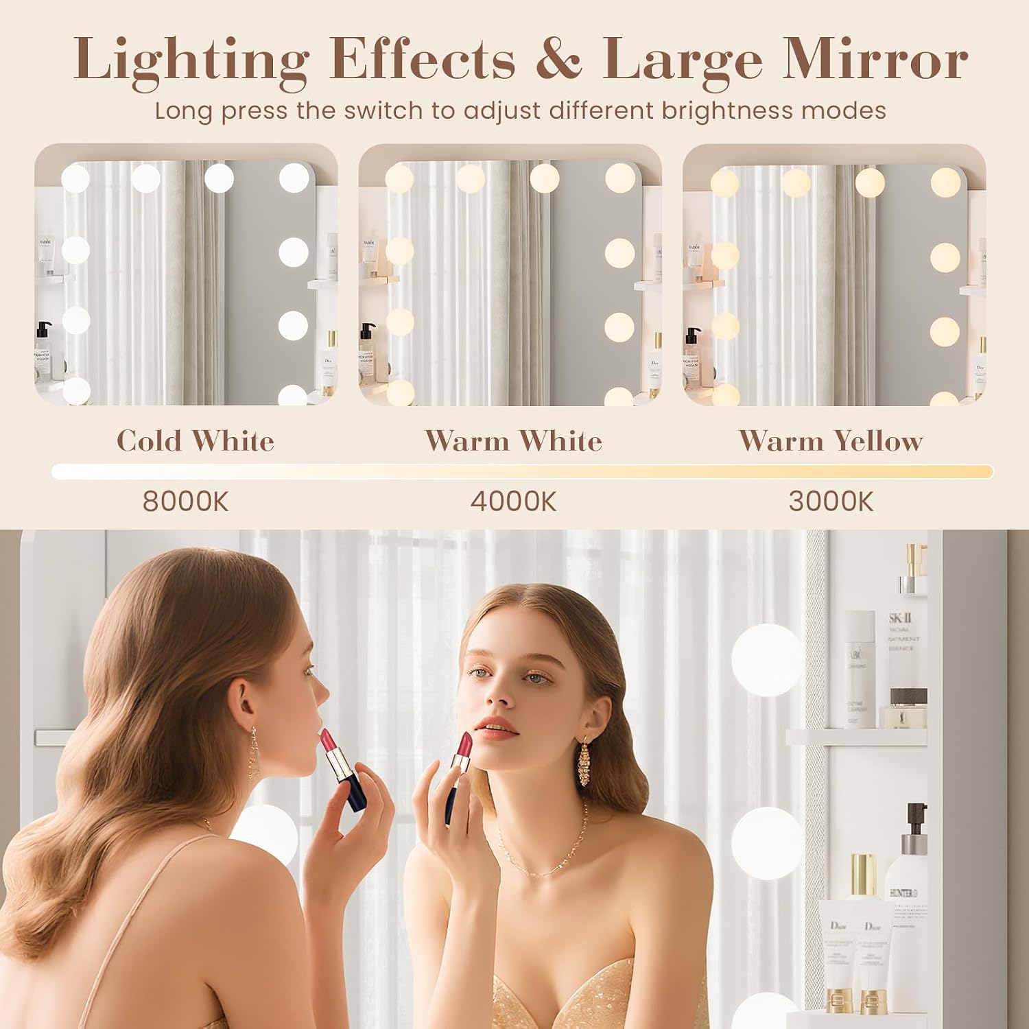 IDEALHOUSE Makeup Vanity Desk with Mirror and 12 LED Lights, White Vanity Table with Power Outlet, 2 Drawers, 6 Shelves, Hair Dryer Holder & Stool, Modern Dressing Table Furniture for Bedroom