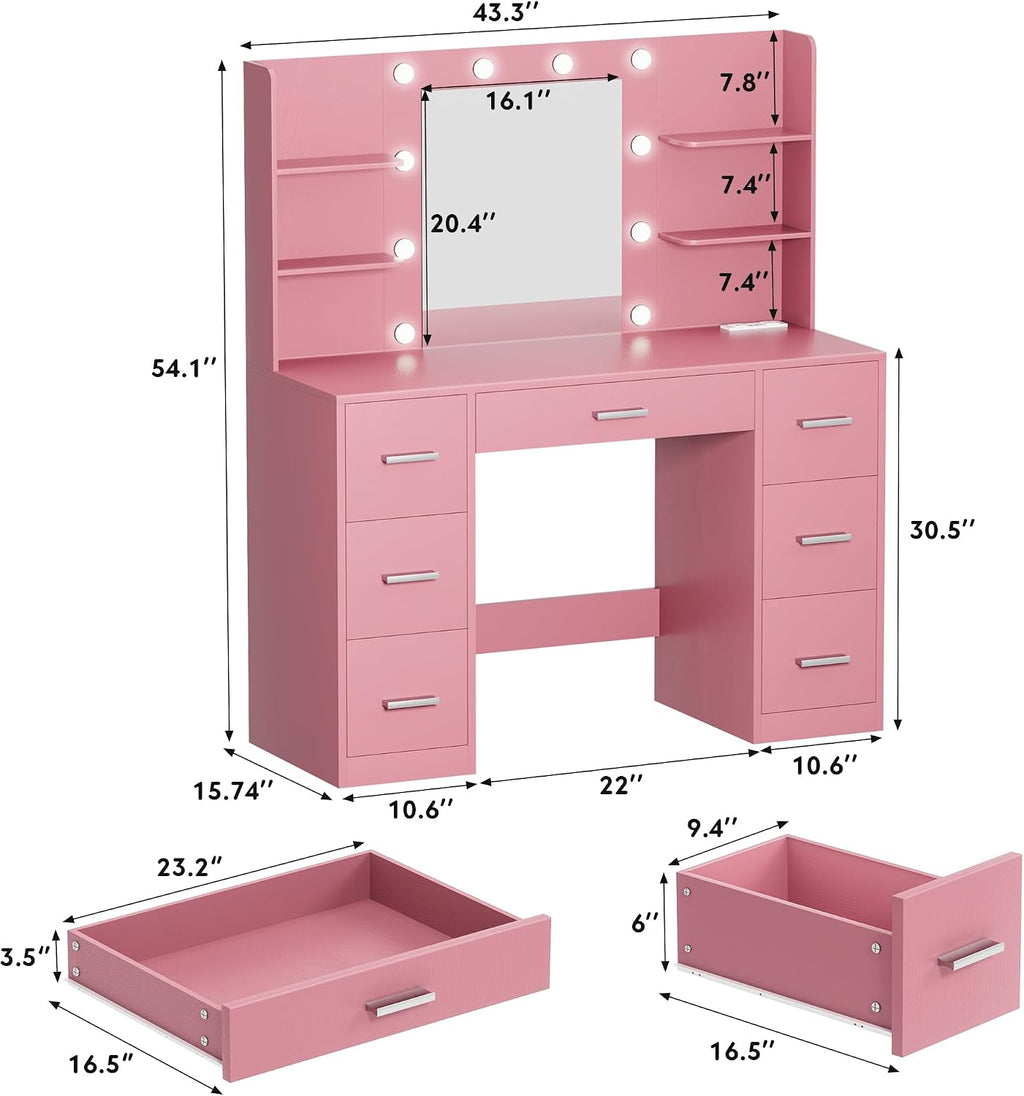 VICTONE Vanity Desk with LED Lighted Mirror&Power Outlet, 3 Model Lights Makeup Vanity Table with 7 Drawers and 6 Storage Shelves for Bedroom and Dressing Room (Light Pink)