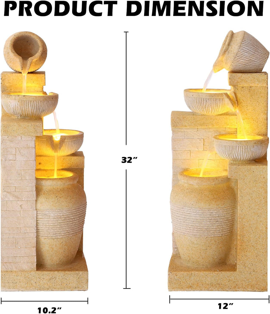 Grepatio Outdoor 4-Tiers Water Fountain, Garden Cascading Waterfalls Fountain with LED Lights, 32'H Modern Indoor/Outdoor Bowl Waterfall Feature Water Fountains for Garden, Patio, Yard Decor (Yellow)