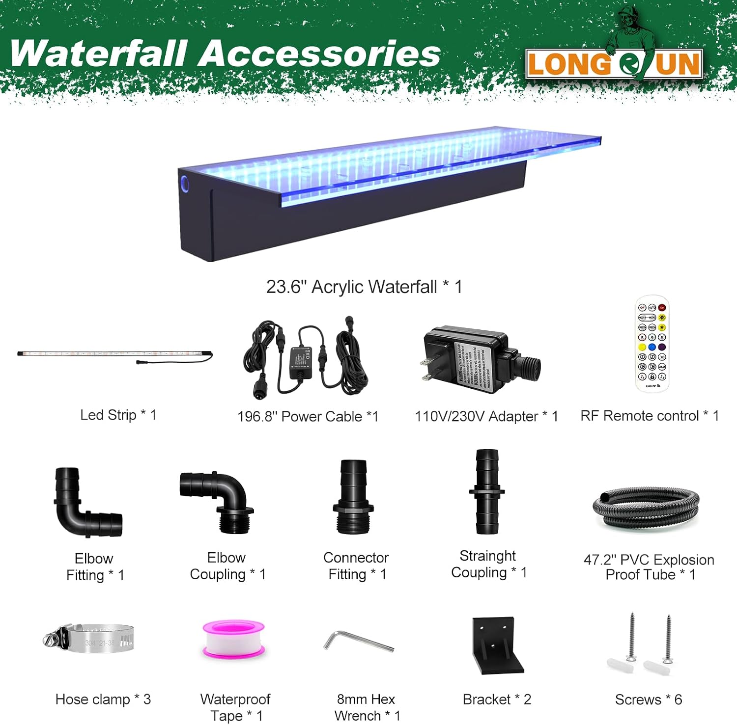 LONGRUN Waterfall Spillway, APP Control Multi-Color LED Light Outdoor Pool Fountain, Acrylic Water Spillway Koi Pond Waterfalls Fountains Kit for Garden Patio Swimming Pool Decoration-23.6'