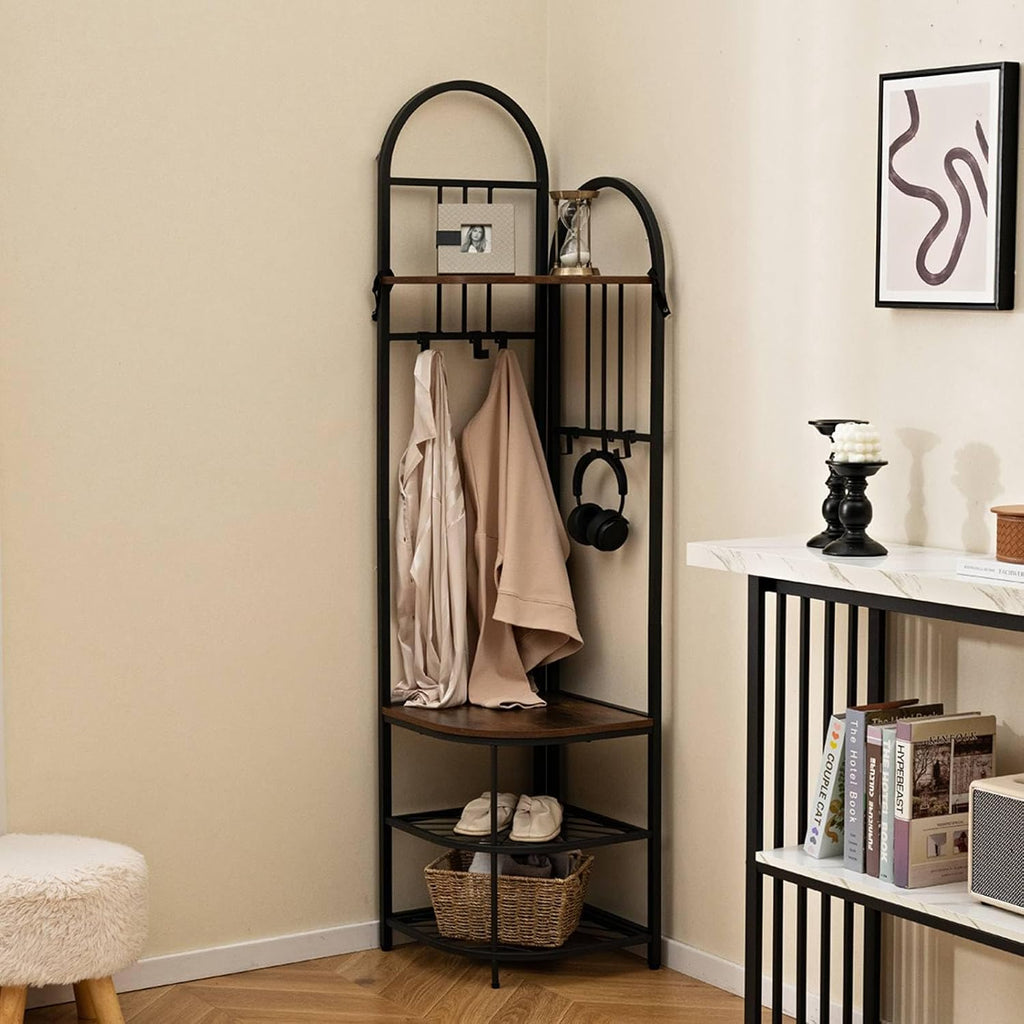 Tall 180cm Freestanding Coat Rack Stand with Shoe Bench, 6 Movable Hooks, 4-Tier Shelves, Rustic Brown & Black Corner Hall Tree nizer for Entryway Storage
