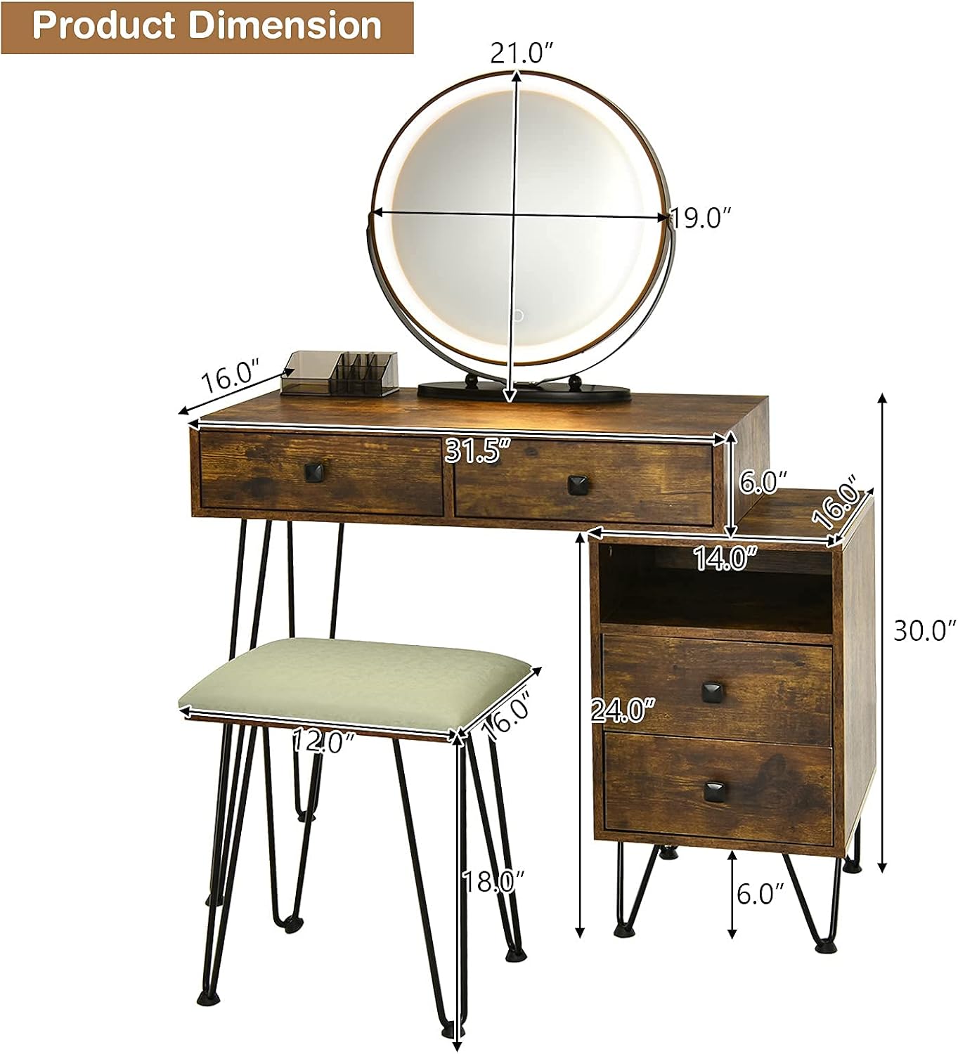 CHARMAID Vanity Desk with Reversible Side Cabinet, Makeup Vanity Table with Lighted Mirror, 3 Color Lights, 4 Drawers, Bedroom Dressing Table with Nightstand and Stool, Rustic Brown