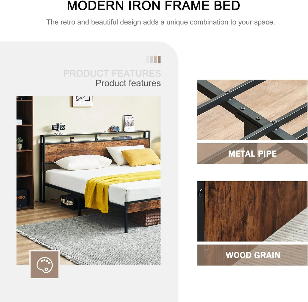 King Bed Frame with Headboard, Metal Platform Bed Frame King Size with Charging Station, 2-Tier Storage Headboard, No Box Spring Needed, Easy Assembly, Brown