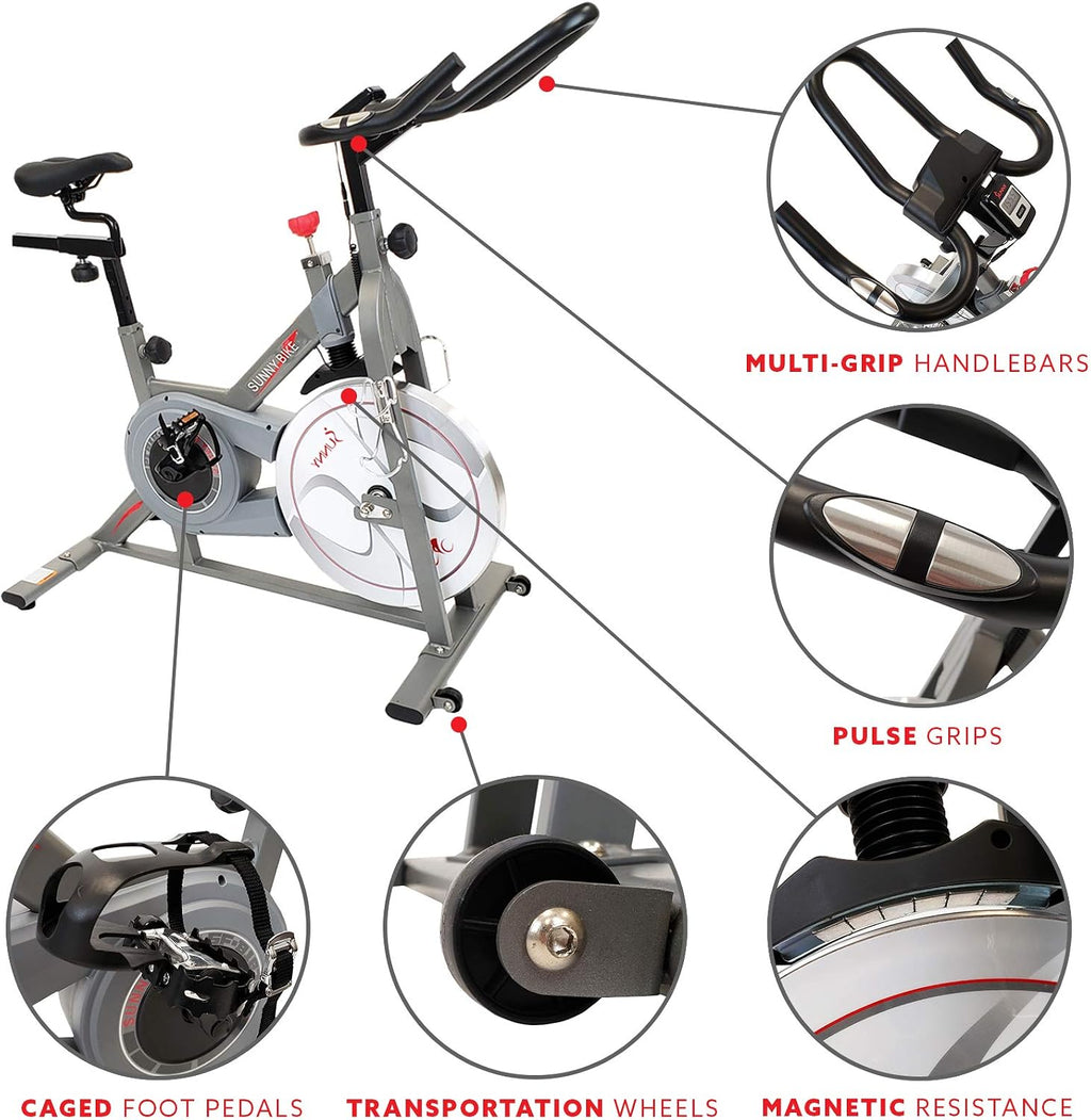 Sunny Health & Fitness Indoor Cycling Exercise Bike w/Pulse Sensors & 4-Way Adjustable Seat, Stationary Home Cardio Training Machine w/Micro-Adjustable Magnetic Resistance for Intensive Cardio Session
