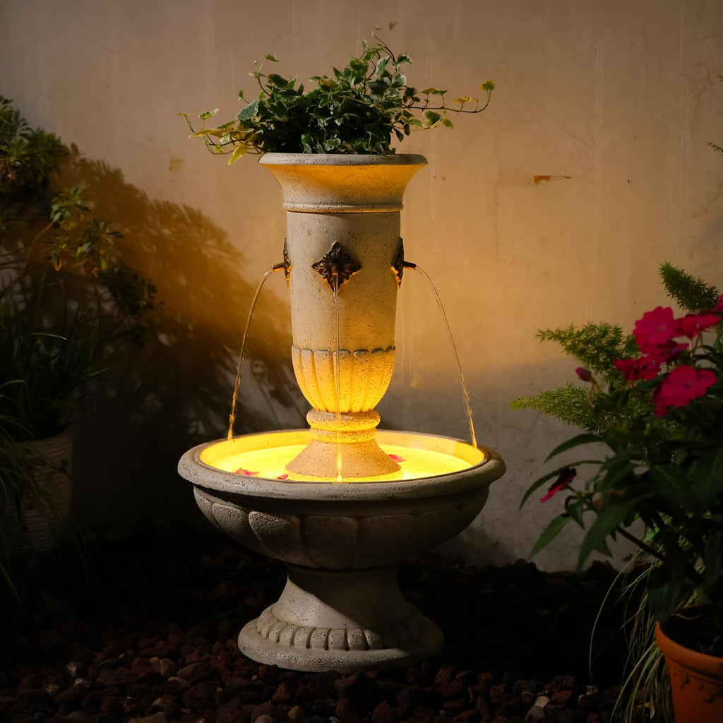 Bumilgar Outdoor Wall Fountain with LED Lights, 25.39' H Freestanding Garden Water Fountain, Large Floor Standing Patio Waterfall Feature, European Resin Flat Back Yard Courtyard Porch Décor