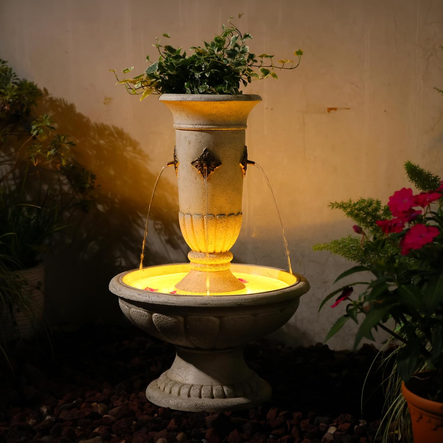 Bumilgar Outdoor Wall Fountain with LED Lights, 25.39' H Freestanding Garden Water Fountain, Large Floor Standing Patio Waterfall Feature, European Resin Flat Back Yard Courtyard Porch Décor