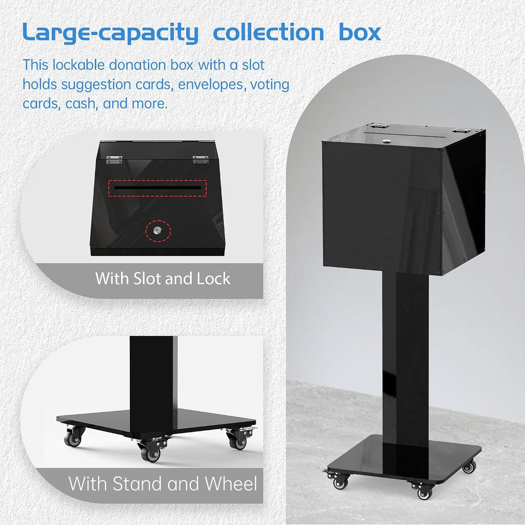 Acrylic Donation Box with Stand on Wheels, Mobile Locking Offering Box for Church & Charity, Private Standing Suggestion Box with Casters for Office, Large Floor Ballot Box, Tithe Box (Opaque Black)