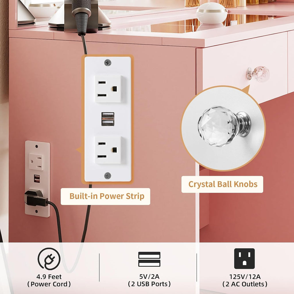 VOWNER Vanity with Mirror and Lights - 47' Glass Top Makeup Vanity Desk with 7 Drawers, 3 Storage Shelves and Outlet, 3 Color Lighting Modes Adjustable Brightness, Makeup Table for Bedroom (Pink)