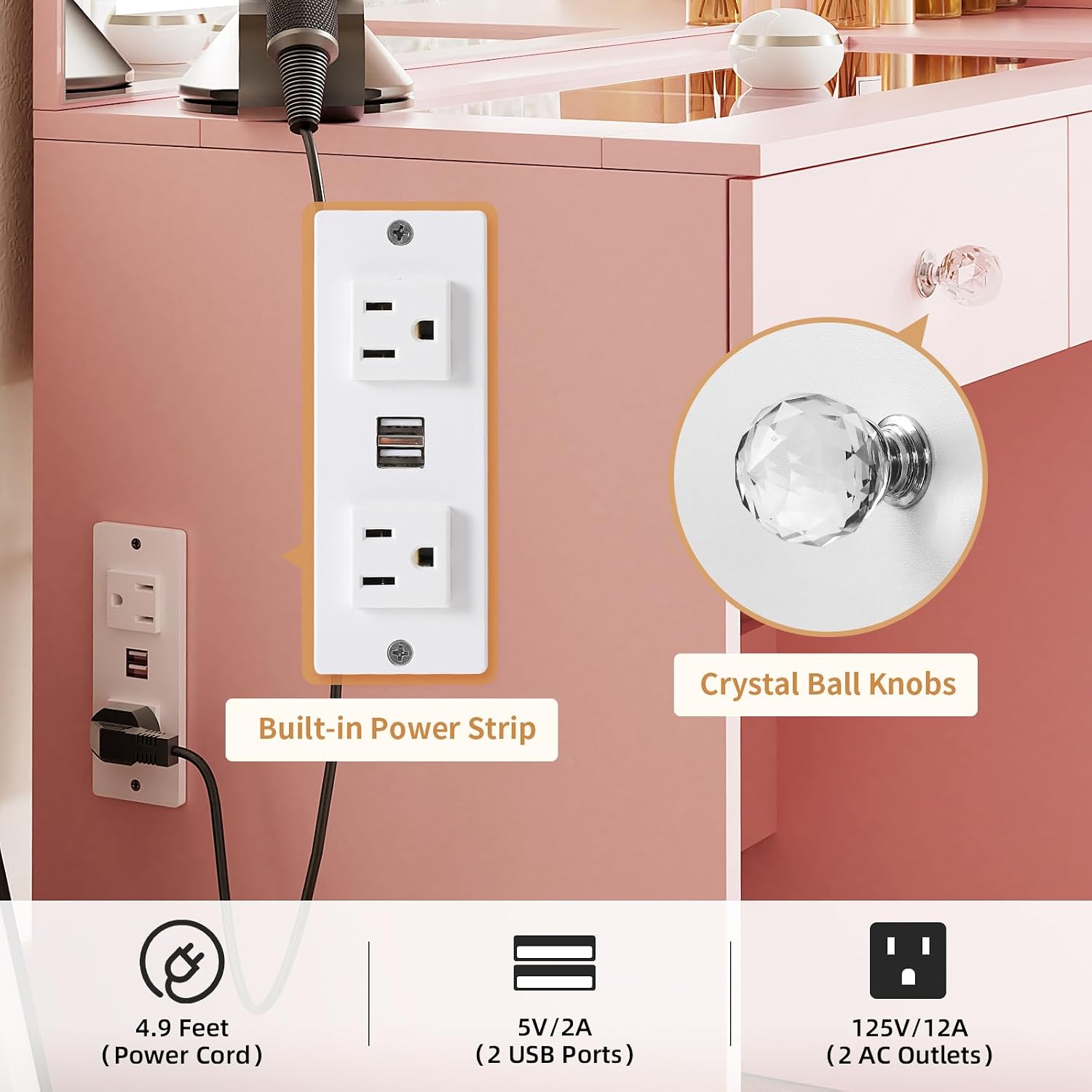 VOWNER Vanity with Mirror and Lights - 47' Glass Top Makeup Vanity Desk with 7 Drawers, 3 Storage Shelves and Outlet, 3 Color Lighting Modes Adjustable Brightness, Makeup Table for Bedroom (Pink)