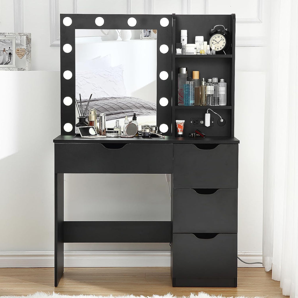 Modern Vanity Makeup Desk with Vanity Mirror, Built-in Lights, 4 Drawers, Crystal Ball Knobs, Power Outlet, White Makeup Desk for Bedroom