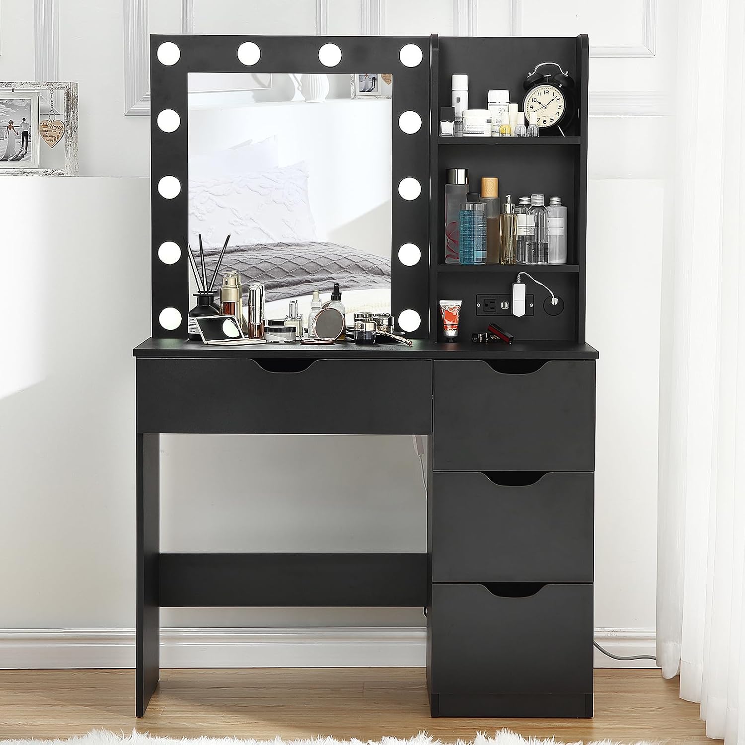 Modern Vanity Makeup Desk with Vanity Mirror, Built-in Lights, 4 Drawers, Crystal Ball Knobs, Power Outlet, White Makeup Desk for Bedroom