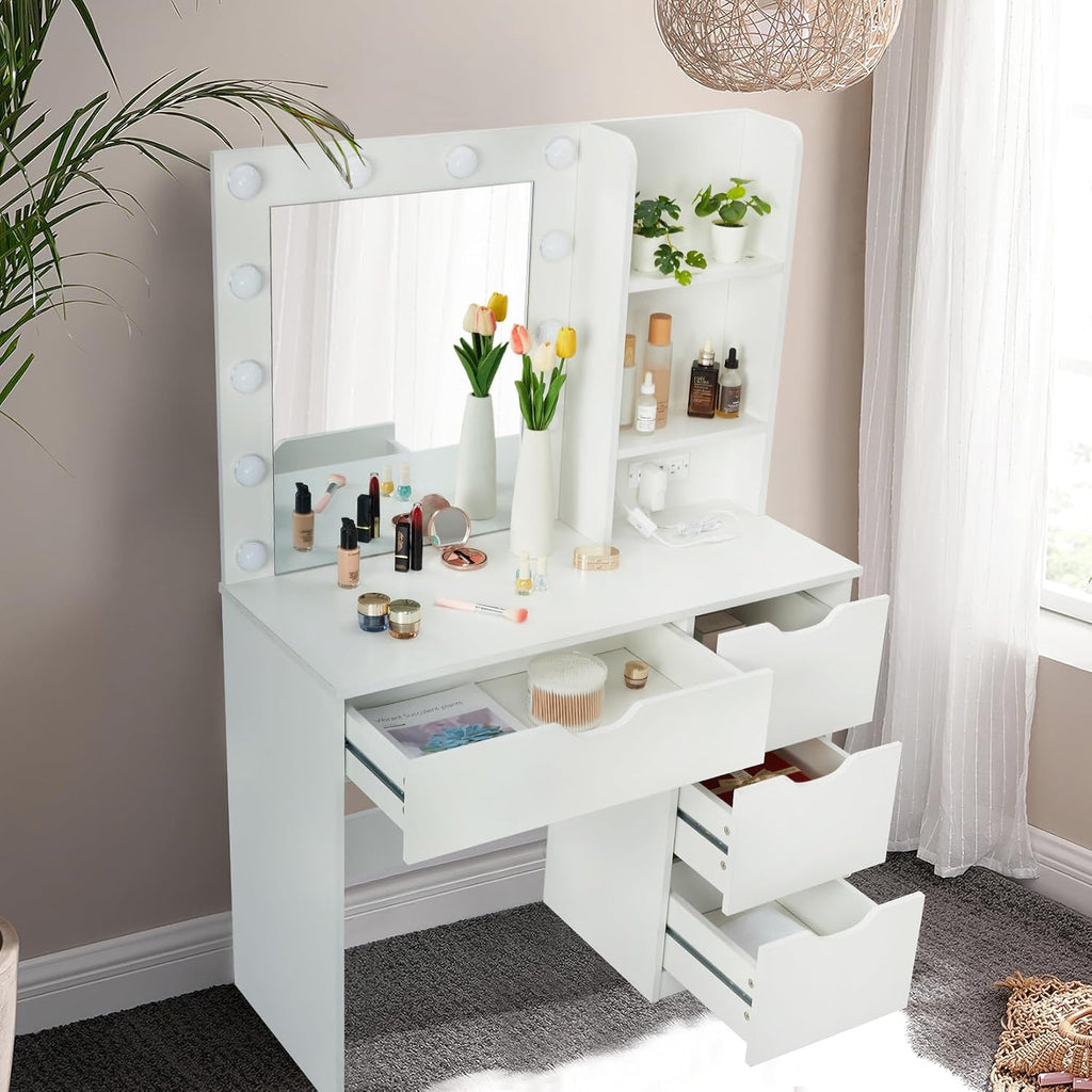Modern Vanity Makeup Desk with Vanity Mirror, Built-in Lights, 4 Drawers, Crystal Ball Knobs, Power Outlet, White Makeup Desk for Bedroom
