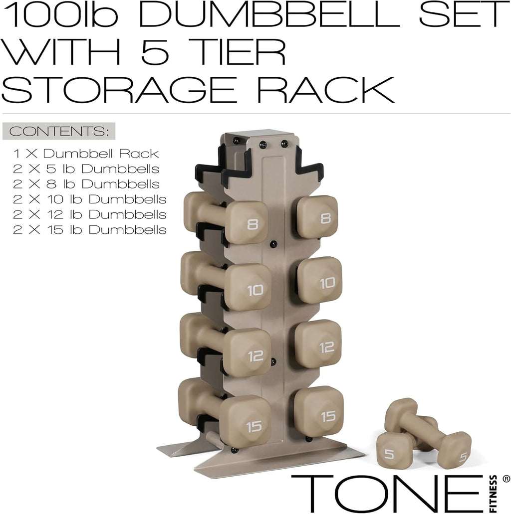 Tone Fitness Neoprene Dumbbell Set with Storage Rack – Non-Slip, Anti-Roll Hand Weights for Home Gym Workouts | 20 lb, 32 lb, 50 lb, 60 lb & 100 lb Options