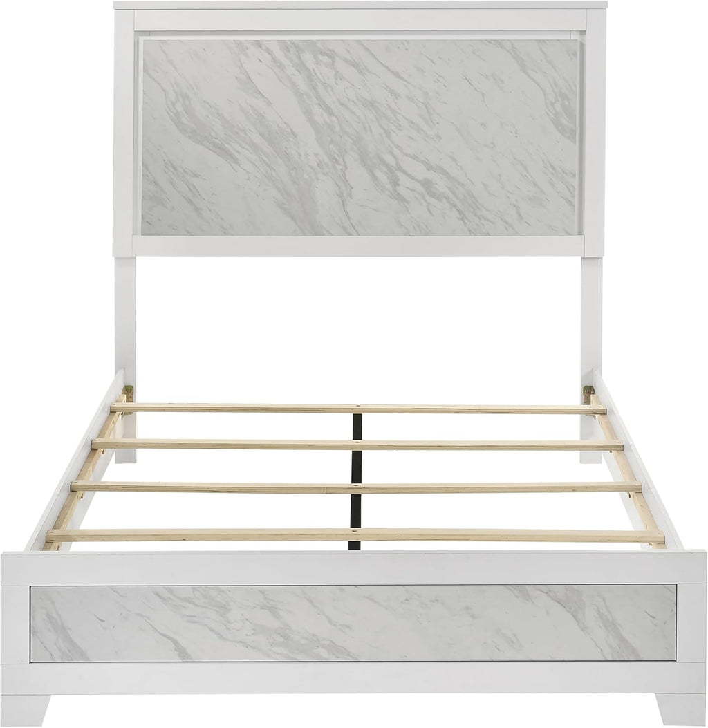 Furniture of America Anton Modern Solid Wood 4-Piece Bedroom Set with Faux Marble Headboard Bed, Metal Center Glide on Nightstand and Dresser with Mirror, Box Spring Needed for Bedroom, Full, White