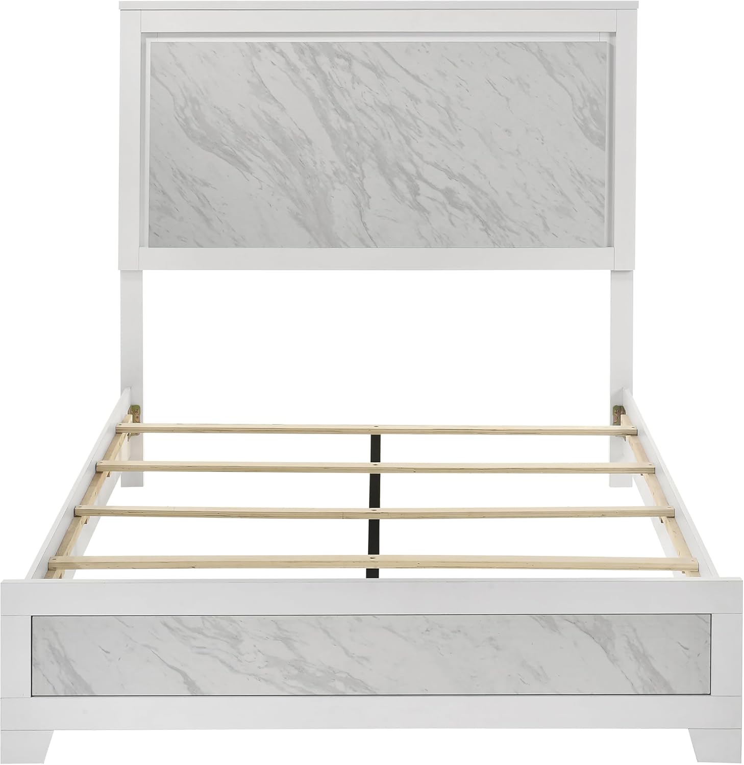 Furniture of America Anton Modern Solid Wood 4-Piece Bedroom Set with Faux Marble Headboard Bed, Metal Center Glide on Nightstand and Dresser with Mirror, Box Spring Needed for Bedroom, Full, White