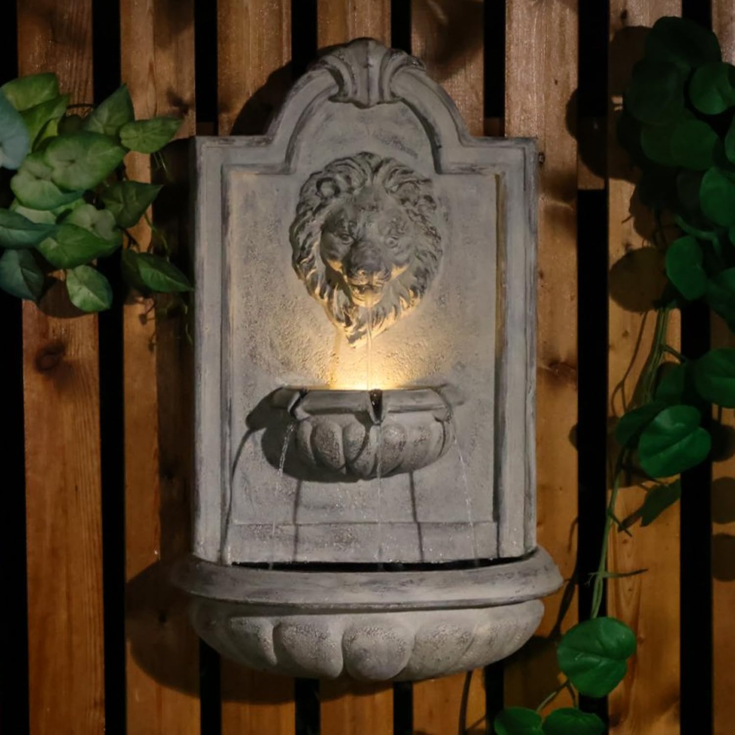 Lion Head Wall Hanging Fountain, 27.5' H Classic Outdoor Wall-Mounted Water Feature, Resin Antique Garden Wall Fountain with LED Light & Water Basin for Patio, Porch, Yard & Courtyard Décor