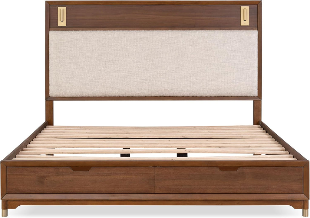 Furniture of America Forma Mid-Century Modern Solid Wood 2-Piece Bedroom Collection, Storage Bed Frame with LED Reading Light and Nightstand with Power Ports, No Box Spring Needed, Walnut, King