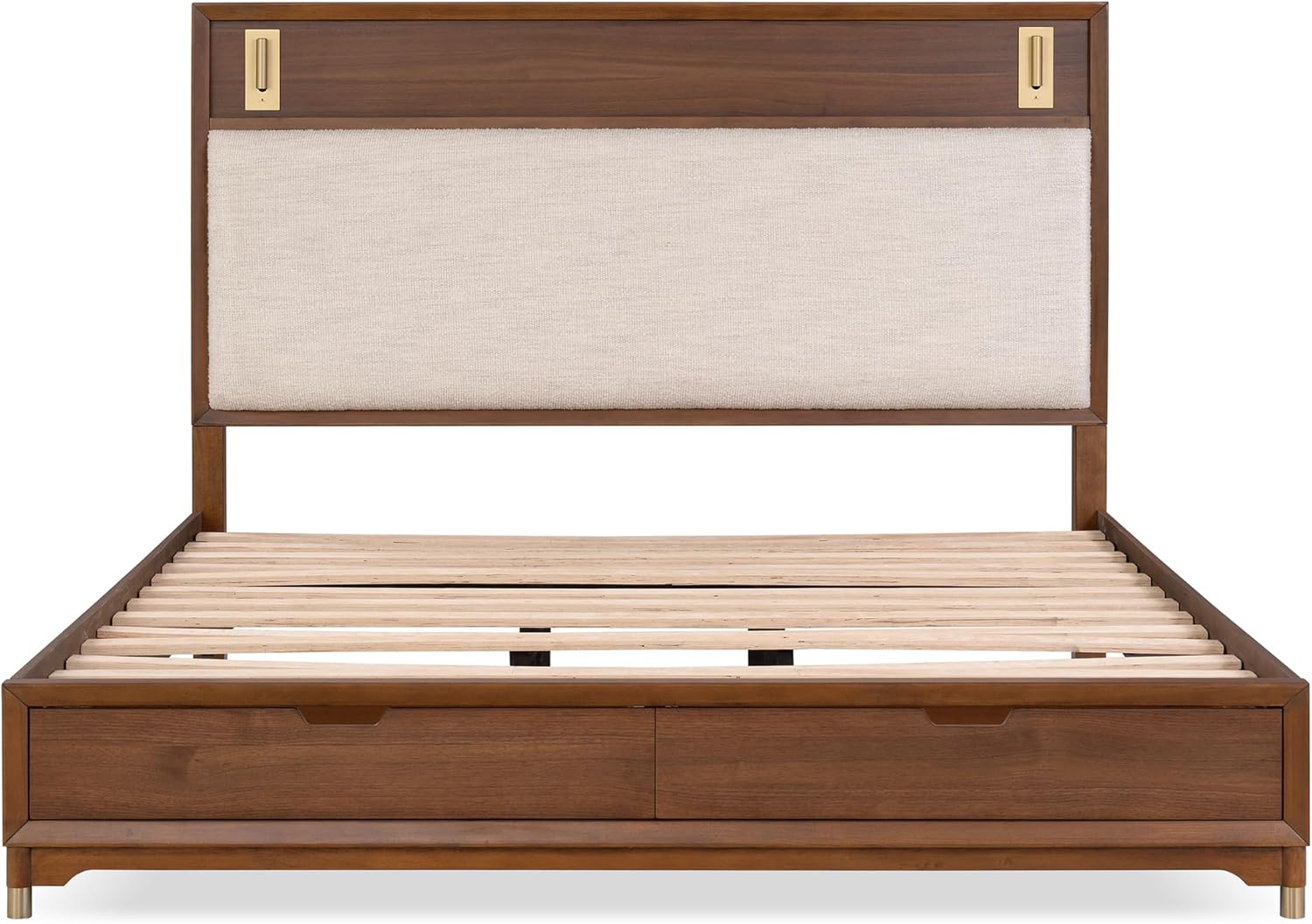 Furniture of America Forma Mid-Century Modern Solid Wood 2-Piece Bedroom Collection, Storage Bed Frame with LED Reading Light and Nightstand with Power Ports, No Box Spring Needed, Walnut, King