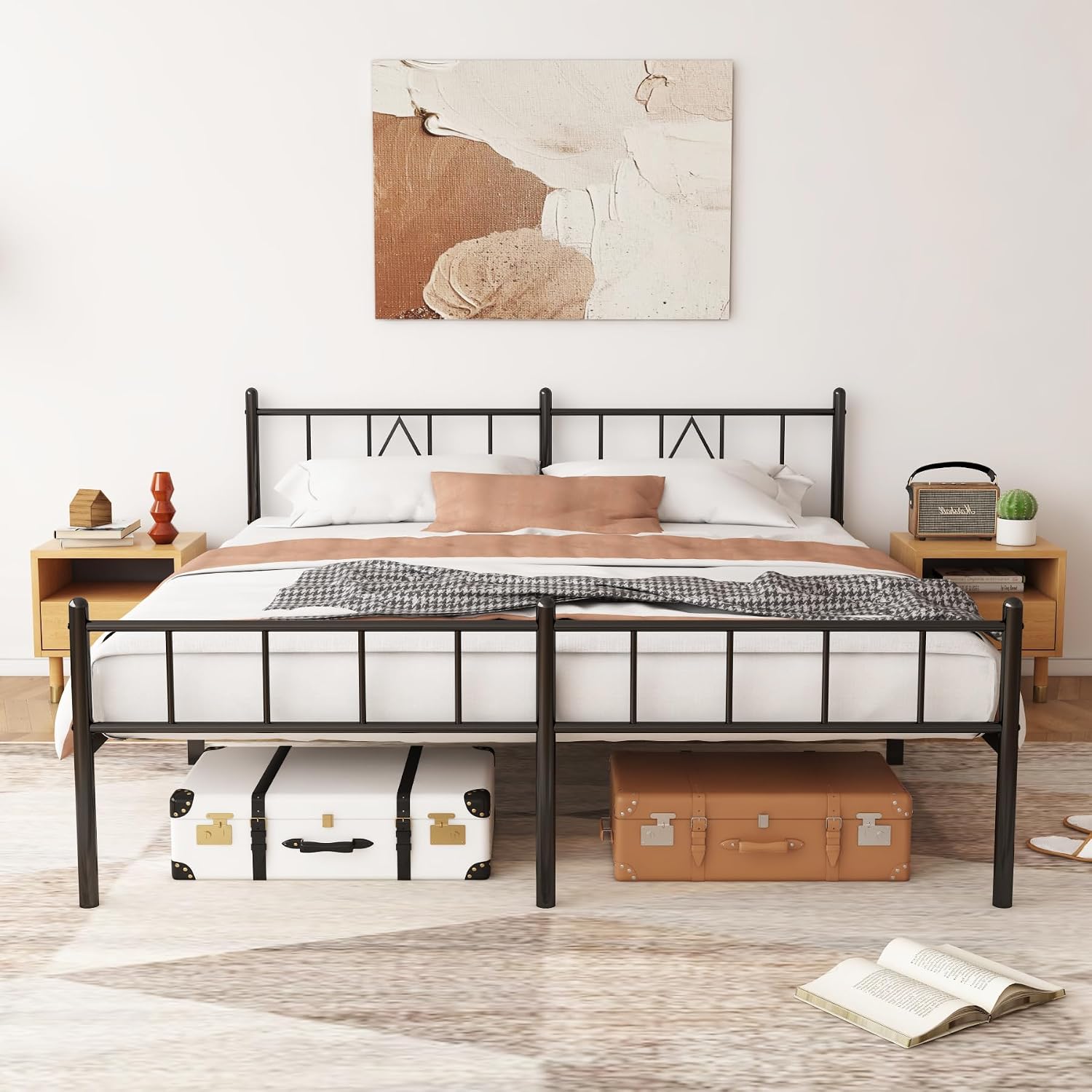 14 inch California King Size Bed Frame Metal Platform Mattress Foundation with headboard Footboard，No Box Spring Needed/Under Bed Storage/Easy Assembly，Black