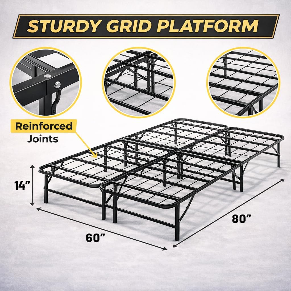Greaton, 14-Inch Foldable Metal Platform Bed Frame with Tool Free Setup, Sturdy Steel, No Box Spring Needed, Queen, Black