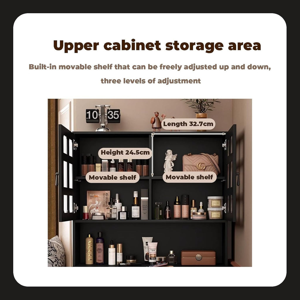 Black Corner Dressing Table Without Mirror,Makeup Vanity Table with Cabinet & Shelf & Handheld Mirror,French(1 Side Cabinet_70CM)