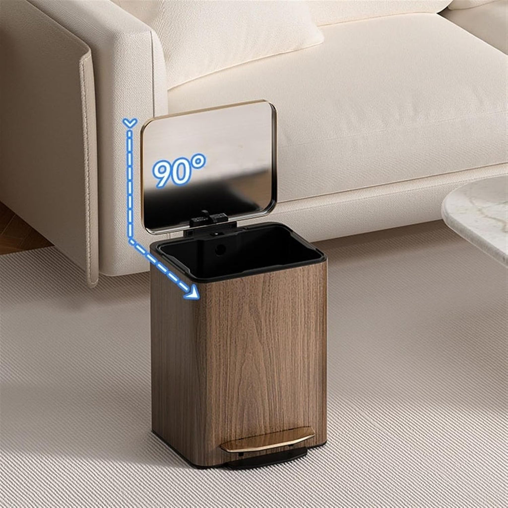 Stylish Modern Luxury Stainless Steel Trash Can with Soft Close Lid Step Pedal and Inner Bucket Ideal for Home Office and Bathroom Large Size Brown Leather Outer Layer