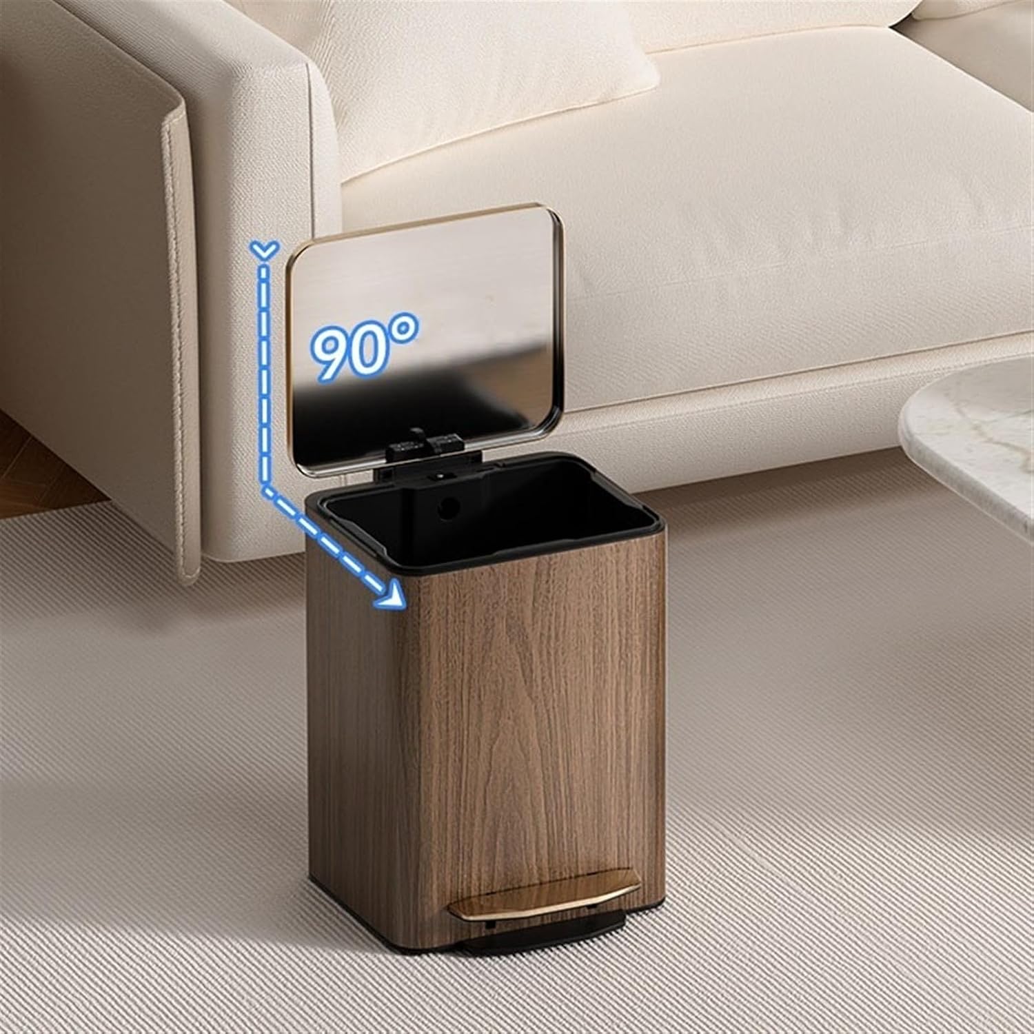 Stylish Modern Luxury Stainless Steel Trash Can with Soft Close Lid Step Pedal and Inner Bucket Ideal for Home Office and Bathroom Large Size Brown Leather Outer Layer