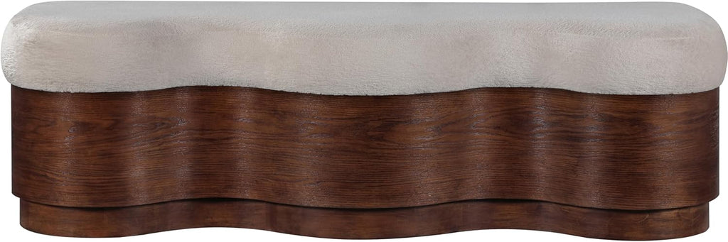 Meridian Furniture 22082Beige Savoy Collection Art Deco Bench with Soft Beige Velour Fur Fabric, Rich Brown Walnut Finish, Mix of Solid Wood & MDF, 60' W x 18.5' D x 18.5' H, Beige