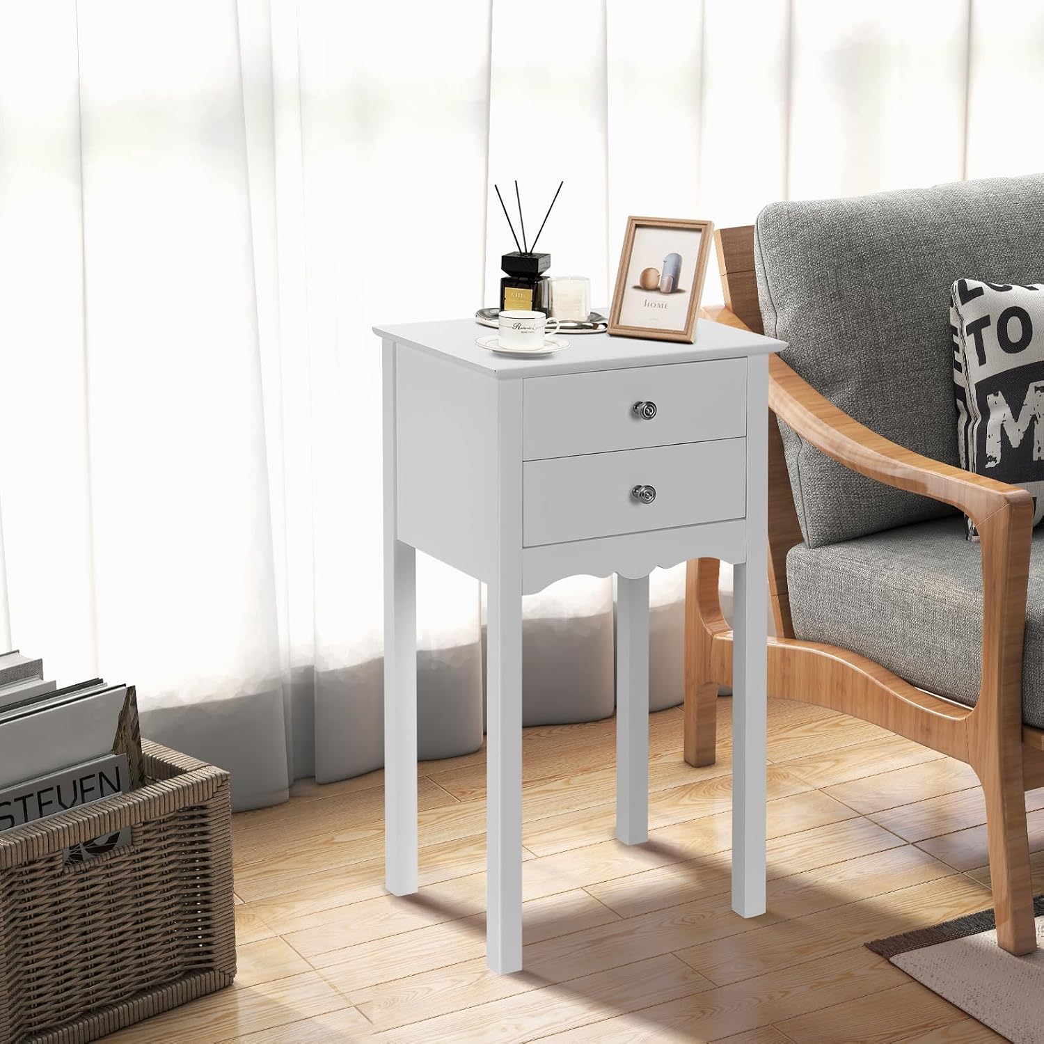 Giantex 2 Pcs End Table w/ 2 Drawers Side Table Nightstand Multi-Purpose Accent Table Living Room Bedroom Home Furniture (2, White)