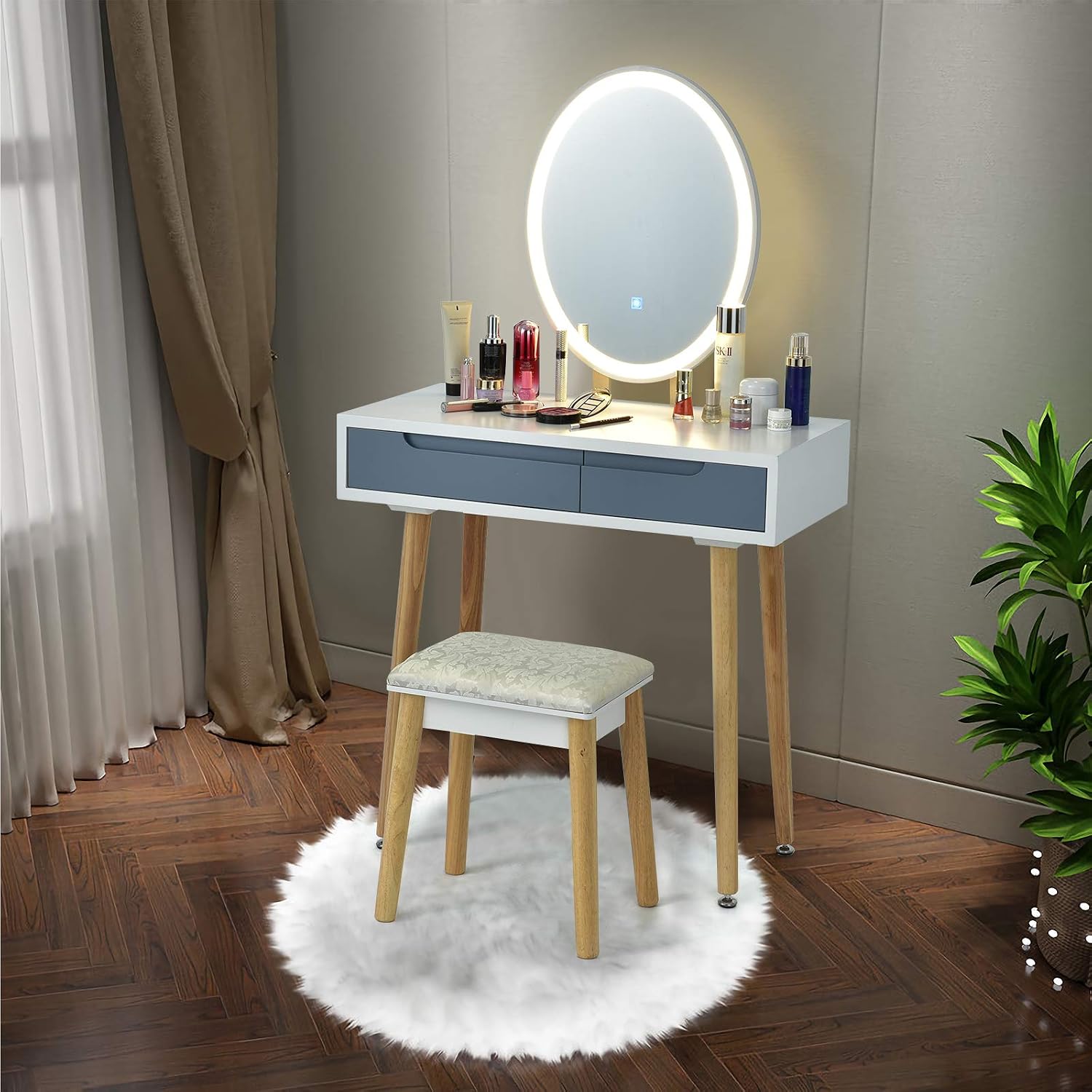 CHARMAID Vanity Set with Lighted Mirror, 3 Modes Adjustable Brightness Mirror, Makeup Dressing Table with Cushioned Stool, 2 Sliding Drawers with Divider, Modern Bedroom Vanity for Girls Women (Gray)
