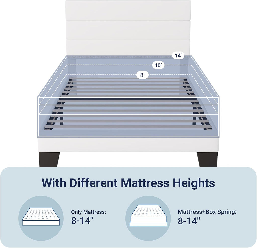 Allewie Twin Size Platform Bed Frame with Velvet Upholstered Headboard and Wooden Slats Support, Fully Upholstered Mattress Foundation/No Box Spring Needed/Easy Assembly, White