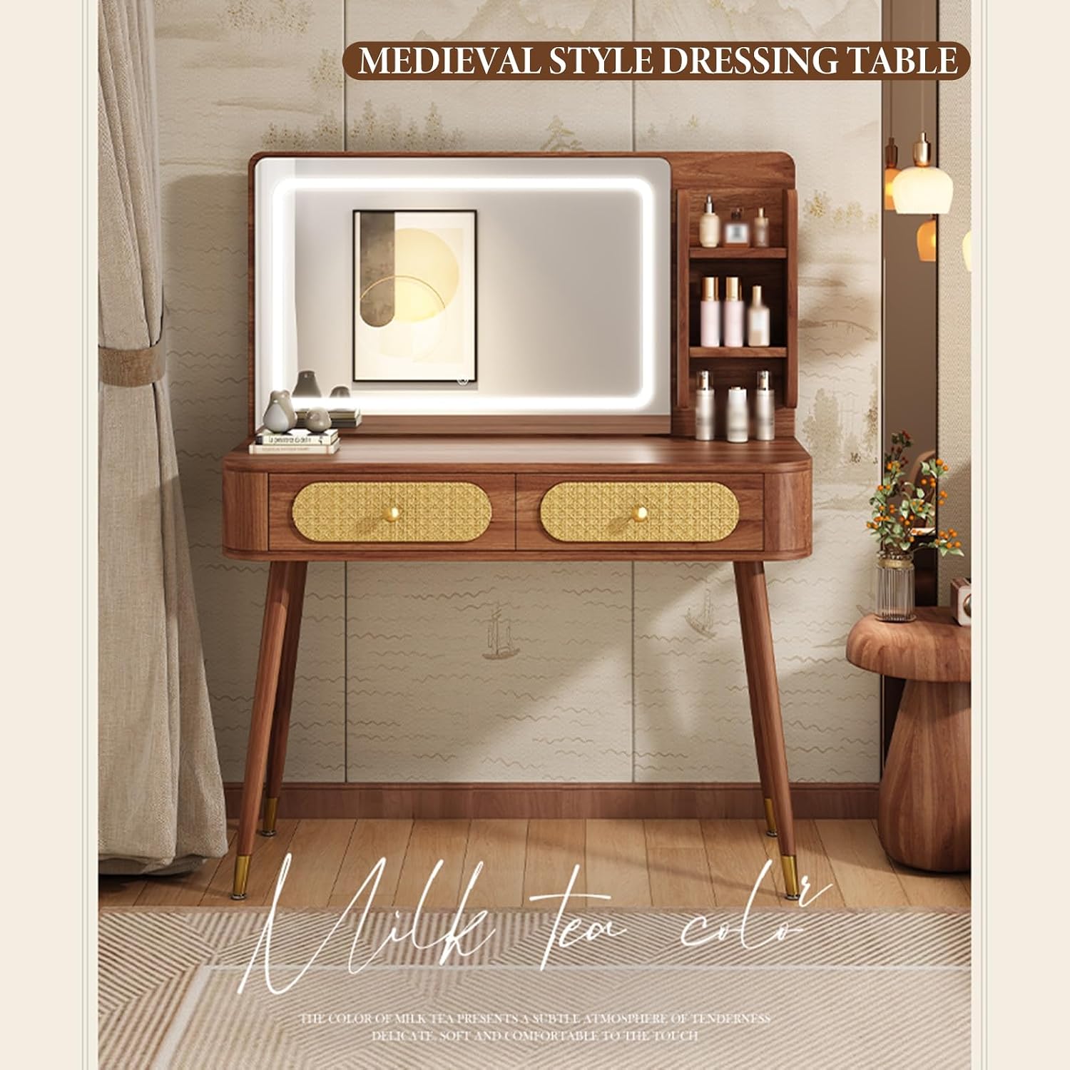 Vanity Mirror with Lights,small Make Up Vanity Desk Medieval Style,with 3 Color Touch Screen Dimming Mirror,with 1 Drawers,Large Vanity Tabel Set,Storage Bench Bedroom Small Space(60cm/23.6in)