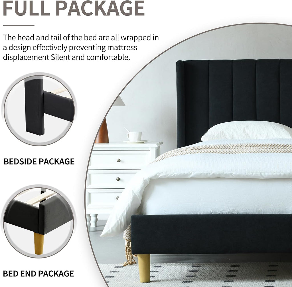 YUHUASHI upholstered Platform Bed Frame/Full Bed Frame/Modern Geometric Double-Wing Design headboard/Linen Fabric/Easy to Assemble no Noise (Black, Full)