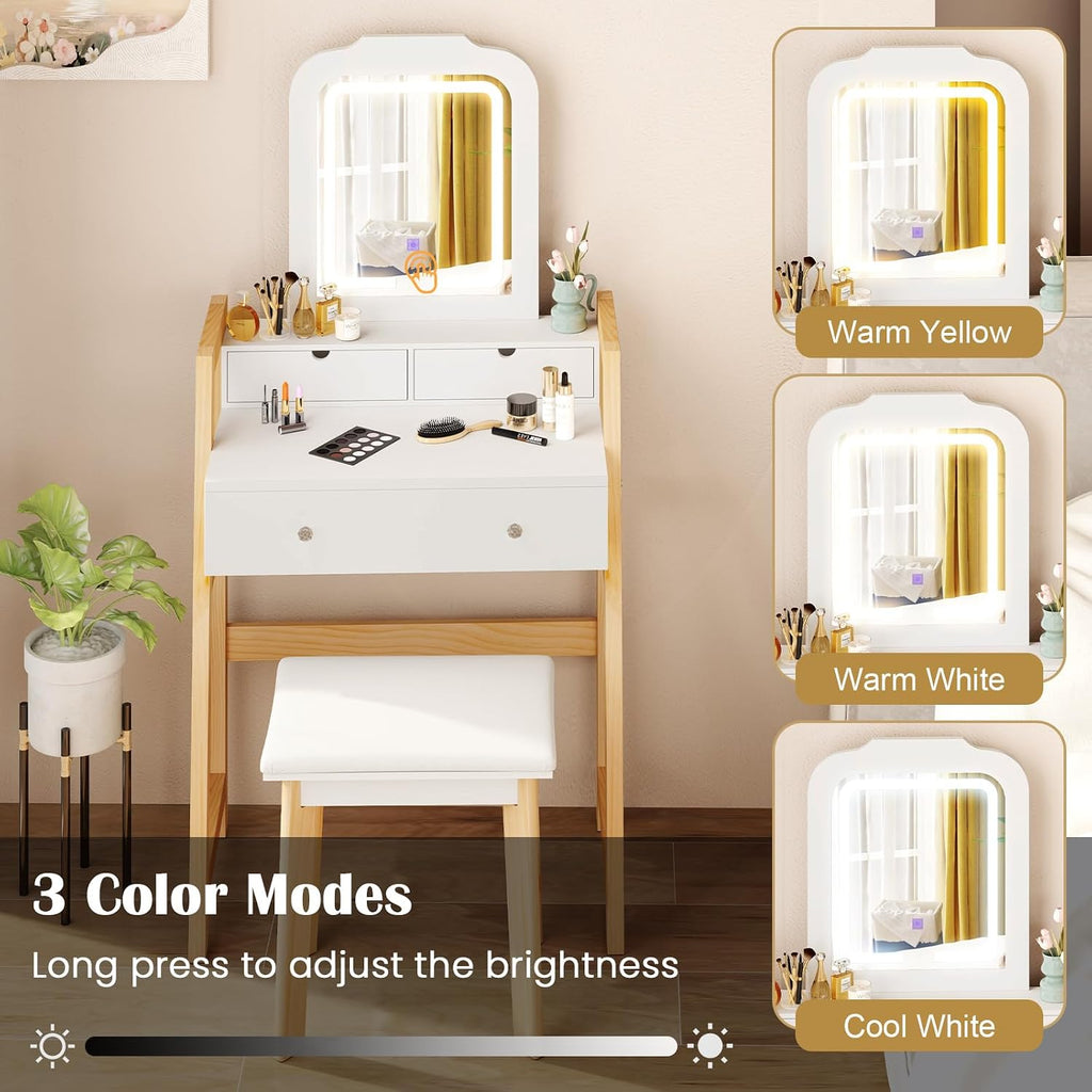 CHARMAID Small Vanity Desk with Mirror and Lights, White Makeup Vanity Desk with 3 Drawers, Adjustable Heights, 3 Color Lighting Modes, Compact Bedroom Dressing Table with Stool for Small Space