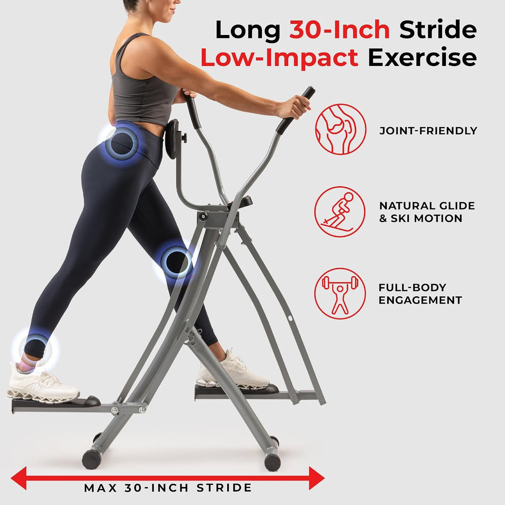 Sunny Health & Fitness Foldable Air Walk Elliptical, 30' inch Long Stride Glide Exercise Full-Body Cardio Cross Smart Trainer for Home Office, SunnyFit App via Bluetooth with Adjustable Resistance