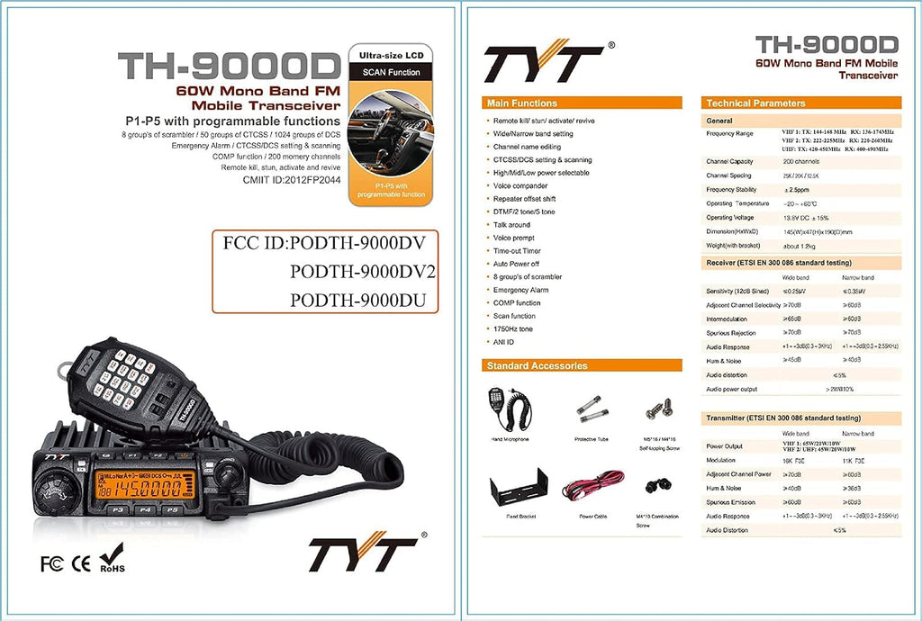 TYT TH-9000D Plus Ham Mobile Transceiver, UHF Radio 420-450Mhz 40W 70CM Amateur Base Transceiver with Cable