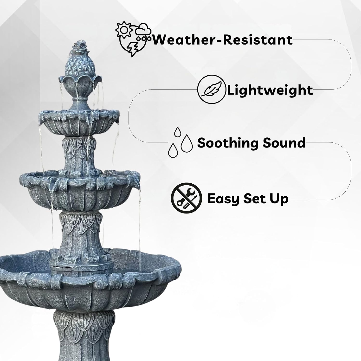 XBrand 58.3' 3-Tier Outdoor Freestanding Water Fountain - Classic Leaf Design, White Resin, Large Bird Bath with Pump - Ideal for Yard, Lawn and Garden, Porch Décor