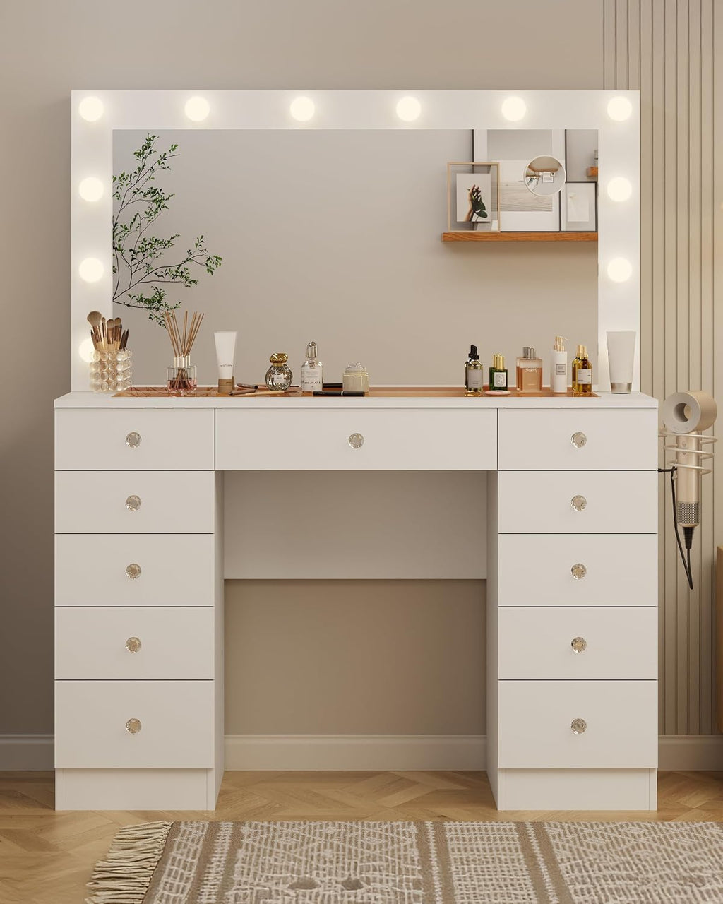White Vanity with Lighted Mirror, 11 Drawers Vanity with Mirror and 12 LED Lights, 46' Makeup Vanity with 3 Lighting Modes Adjustable Brightness, Vanity Desk with Glass Top for Bedroom